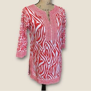 Gretchen‎ Scott Red White Zebra Print Tunic Blouse Cotton Coastal Summer Casual